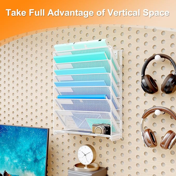 Kuntine.B Wall File Organizer Hanging Magazine Holder (White, 7 Tier 2 Pack)