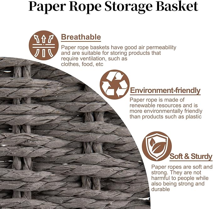 OIAHOMY Pantry Baskets for Organizing, Paper Rope Baskets with Built-in Handles, Wicker Storage Bins for Shelves, 2 Pack-Grey