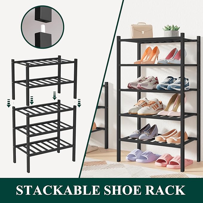 Smiry Bamboo Shoe Rack for Closet, 5 Tier Long Wooden Stackable Shoe Organizer, Free Standing Shoes Storage Shelf for Entryway, Front Door Entrance, Black
