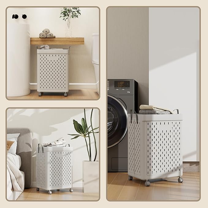 UAK Laundry Basket with Wheels, Collapsible Plastic Laundry Hamper with Handle, Foldable Laundry Basket Organizer for Laundry and Bathroom (Light Grey, XXXL)