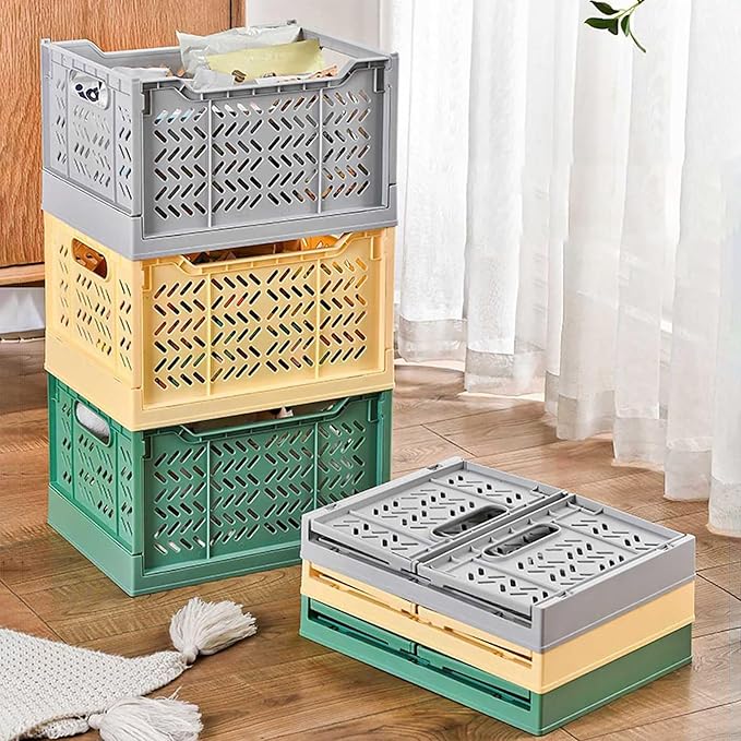 Domiella 2-Pack Crates for Storage, Storage Crates Plastic Stackable, Foldable Crate for Office Home Kitchen Bedroom Bathroom (Tall, Gray)