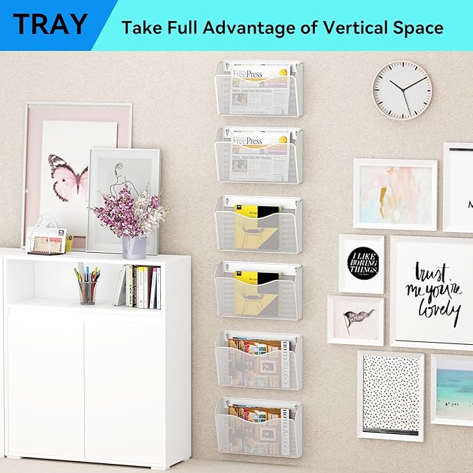 3 Single Pocket Wall File Holder, Mesh Hanging File Folder Paper Organizer, Vertical Wall Mounted Mail Basket, Storage Organization Magazine Rack for Office, Home and School, White