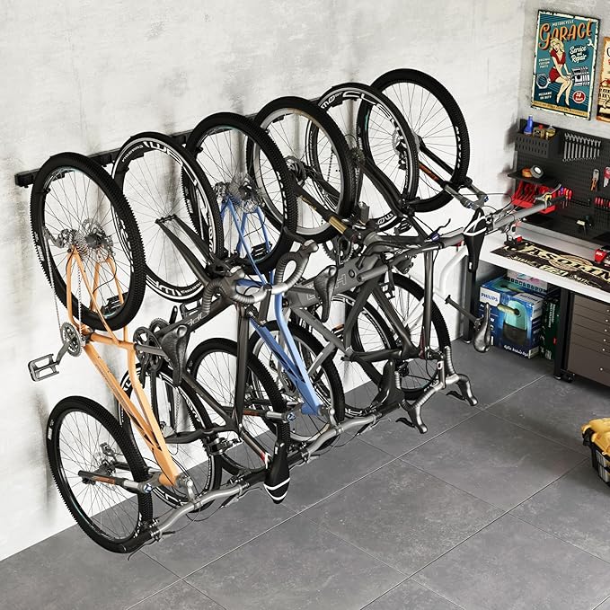 monTEK Enhanced Garage Bike Rack, Adjustable 6 Bike Hangers for Garage, Equipped with 78.5in Extended Rail to Accommodate Various Bicycle Sizes, Heavy-Duty Steel Bike Wall Mount, Max Capacity 330 lbs