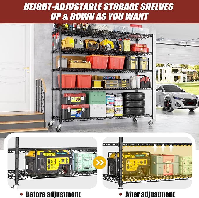 PrimeZone 5 Tier 80.7" Hx55.5 Wx24 D Wire Shelving with Wheels 3000lbs NSF Certified Storage Shelves Heavy Duty Metal Shelf Adjustable Rolling Rack Commercial Garage Restaurant Warehouse Kitchen 2Pcs