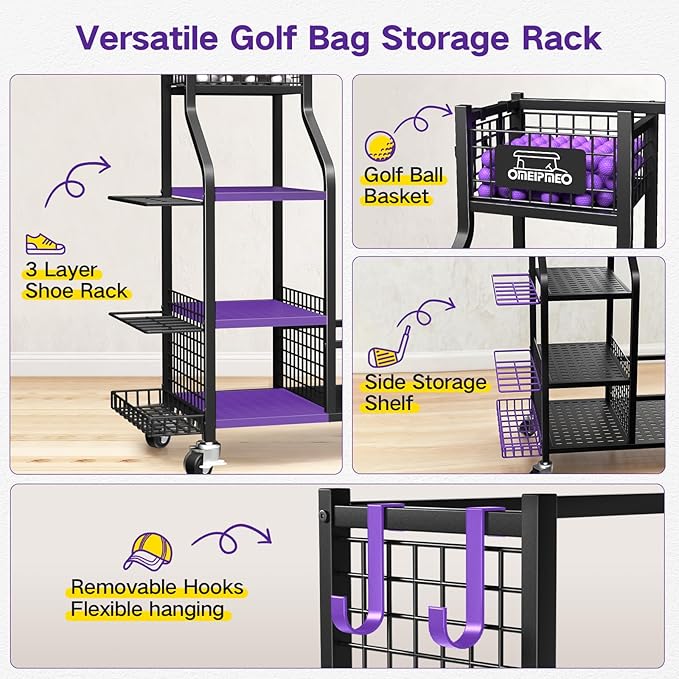 Golf Bag Storage Garage Organizer, Golf Bag Storage Stand and Other Golfing Equipment Accessories Rack, Golf Bag Storage Rack with Wheels, Golf Organizer for Home, Garage, Club, Shed, Basement