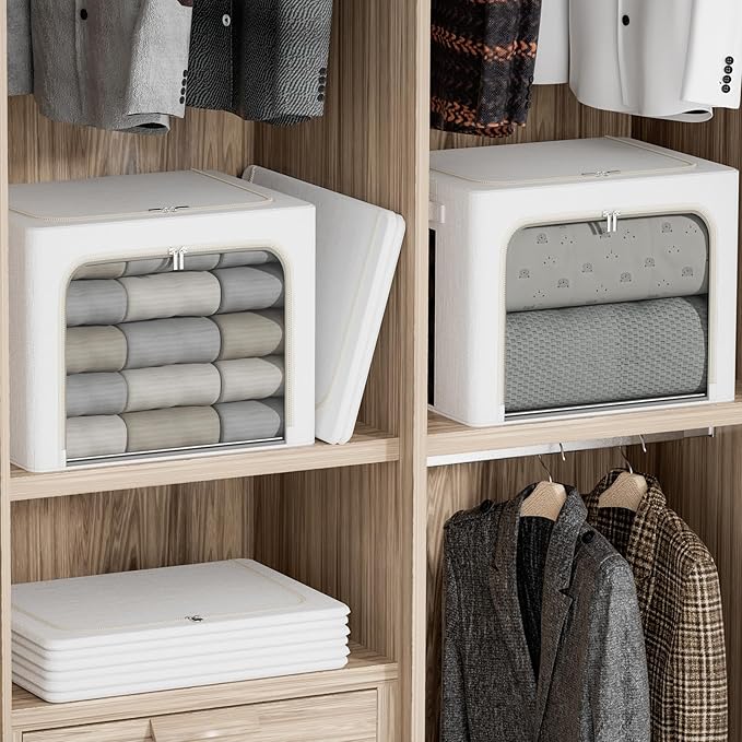 FHSQX 2 Pack Clear Window Storage Bins - Large Stackable Linen Fabric Storage for Clothes Foldable Container Organizer Set with Carrying Handles (Lvory White, 15.7x 11.8x 11.7 Inch)