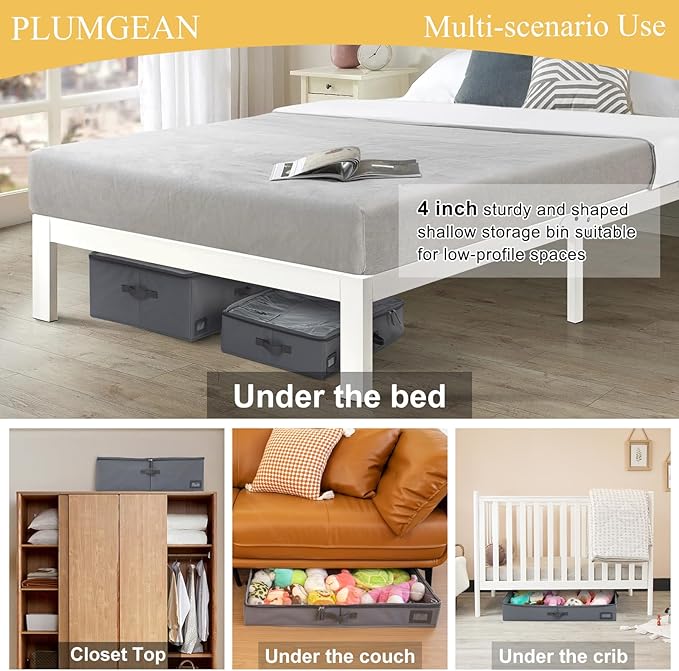 4-Inch Under Bed Storage Containers (2-Pack) | Sturdy Sidewalls | Clear Cover & Label Holder | Foldable Fabric Closet Bin Organizer | Stores Clothing/Blankets/Sweaters/Sheets