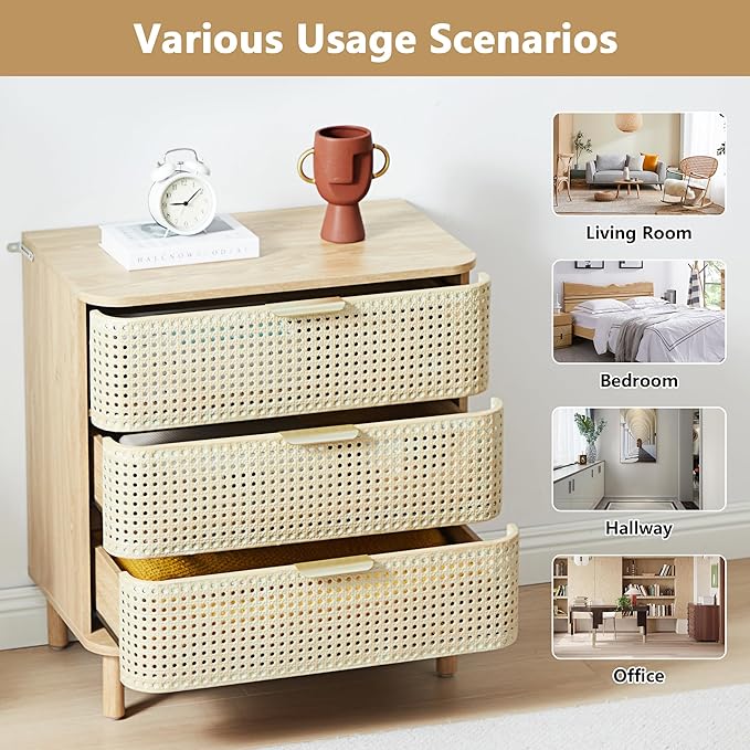 ORRD 3 Drawer Dresser, Modern Iron Rattan Cabinet Dresser for Bedroom, Large Nightstand Accent Storage Chest of Drawers for Living Room, Bedroom - Natural