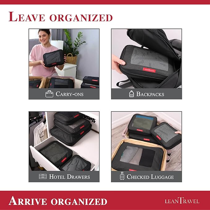 LeanTravel Compression Packing Cubes for Travel Organizers with Double Zipper (3-Pack (2L+1M), Black)