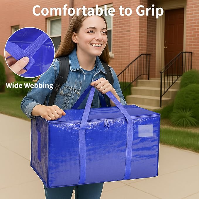 8 Pack-Extra Large Heavy Duty Moving Bags - Waterproof Storage Totes with Handles & Zippers, Foldable for College Dorm, Storage (Blue)