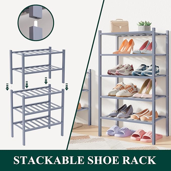 Smiry Bamboo Shoe Rack for Closet, 3 Tier Small Wooden Stackable Shoe Organizer, Free Standing Shoes Storage Shelf for Entryway, Front Door Entrance, Grey