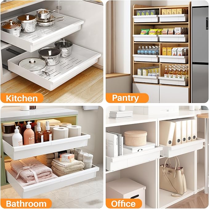 Pull out Cabinet Organizer, 2-Pack Expandable(13.6"-24") Silde out Drawers with Raising Pad for Framed Cabinets, Adjustable Full-Extension Adhesive Roll out Shelves for Kitchen Pantry Home Pot and Pan