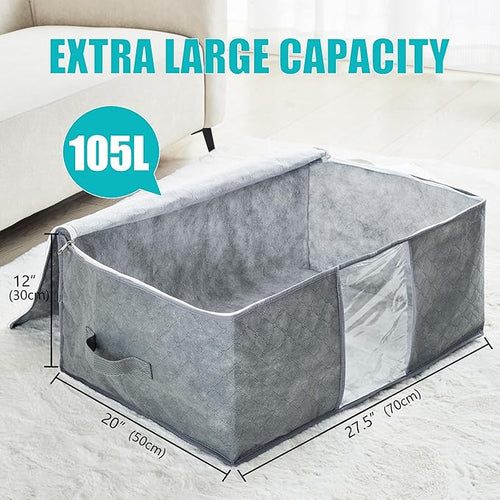105L Extra Large Storage Bags for Blankets, King Comforters, Bedding, Clothes, Pillows, Sheets - Closet Organizers and Storage with 4 Handles & Clear Window, Foldable & Breathable (Grey, 6pack)