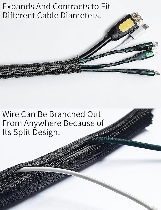 Cable Management Split Wire Loom Sleeve - Cord Hider & Protector for Desk, Pet Chew Proof, Wire Cover Organizer, Flexible Tube for Wires and Cables (1 & 1/2 Inch 10FT Each, Black)