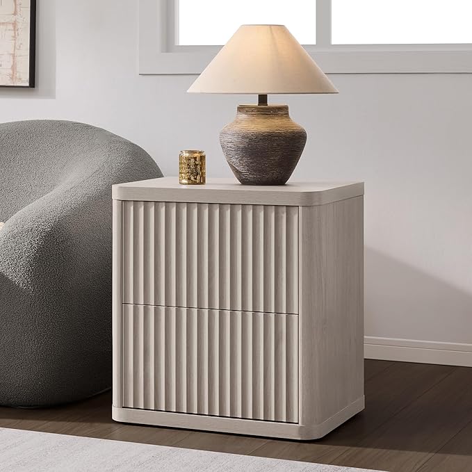 SICOTAS Night Stand Set of 2 Nightstands with 2 Drawers Storage Bedside Table Large Fluted Bed Side End Table Modern 24.4" Tall Wide Night Stands for Bedroom Living Room Sofa Couch Office, White Alder