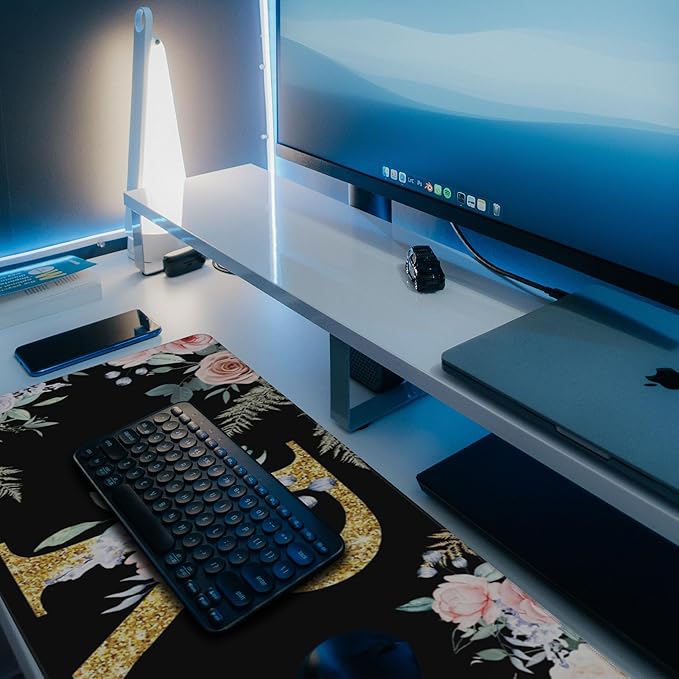Desk Pad, Flower Golden Letters R Extended Gaming Mouse Pad Large, 35.4"x15.7" Big Mouse Pad with Non-Slip Base and Stitched Edge, Long Computer Keyboard Mouse Mat for Home Office Work