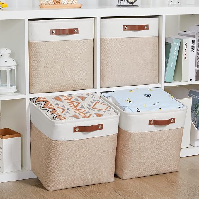 HNZIGE Set of 4 Fabric Storage Baskets (4 Pack), Large Baskets for Shelves, 13x13x13 Inch Storage Cubes with Leather Handles for Home, Toys, Clothes, Kids Room, Closet Storage (White & Beige)
