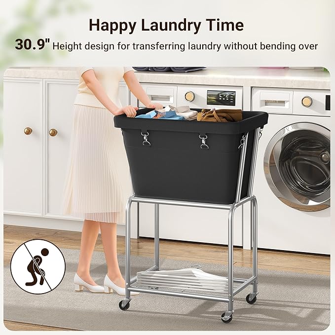 ELYKEN Laundry Cart with Wheels, Rolling Laundry Hamper with Removable Bag and Shelf, Metal Frame Laundry Basket with 4 Casters and 2 Brakes, Ideal for Bedroom, Bathroom, Laundry Room, Black