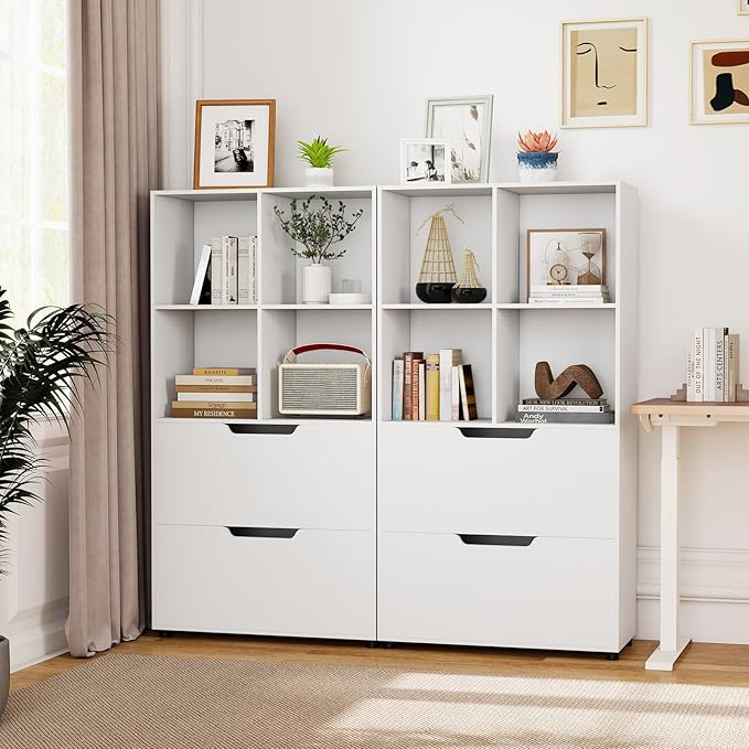 GOFLAME 4-Tier Bookcase with 2 Drawers, 51” Tall Bookshelf with 4-Cube Open Shelf, Wood, Modern, Freestanding Display Storage Organizer Shelf for Living Room, Home Office (2,White)