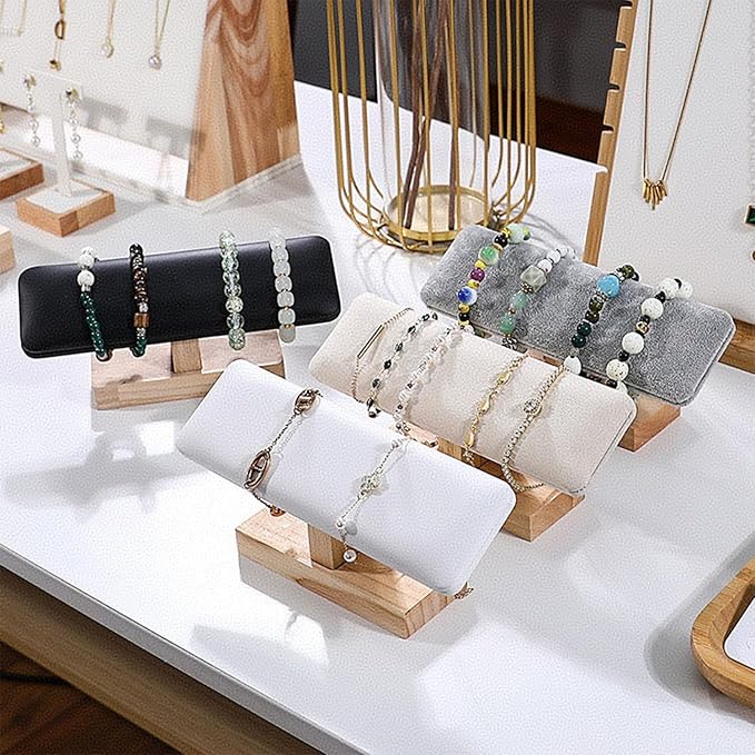 Wooden Watches Display tower Base Watch Necklace Bracelet Organizer Rack Bangle Scrunchie Headband Showcase tower (White PU, Flat single-layer)