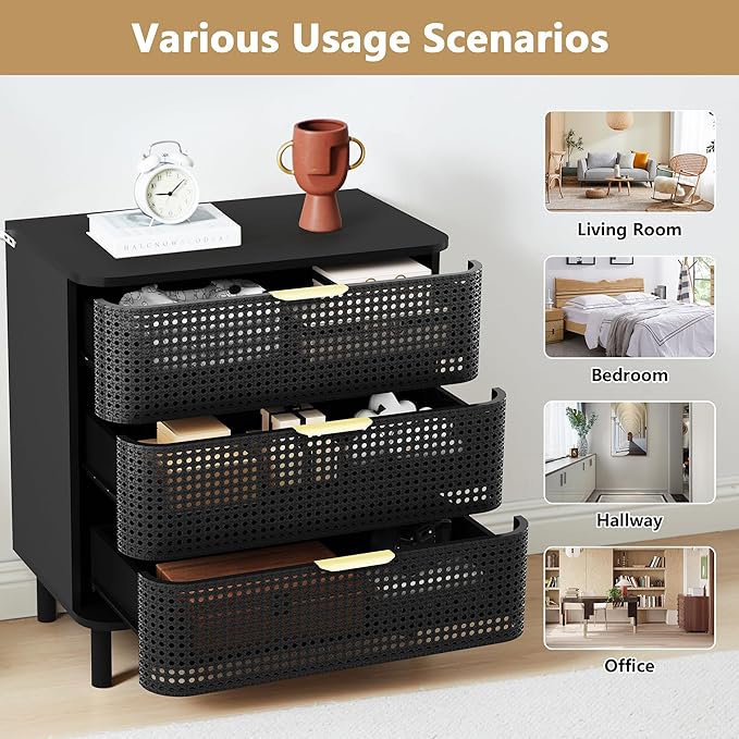 ORRD 3 Drawer Dresser Set of 2, Modern Iron Rattan Cabinet Dresser for Bedroom, Large Nightstand Accent Storage Chest of Drawers for Living Room, Bedroom - Black