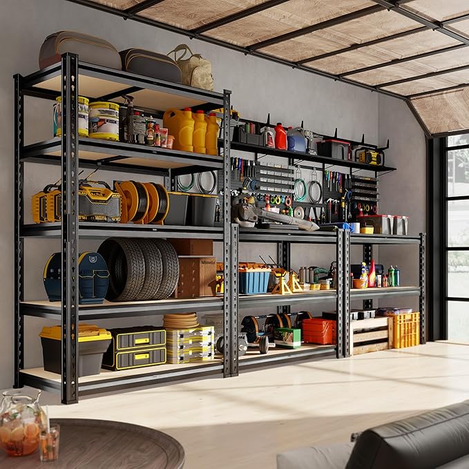 72.12" H Garage Shelving, Storage Shelves Load 2100LBS, 5-Tier Adjustable Shelving Unit with Thickened Wooden Boards for Multiple Scenarios, 72.12" H x 35.55" W x 11.85" D, Black, 3 Pack