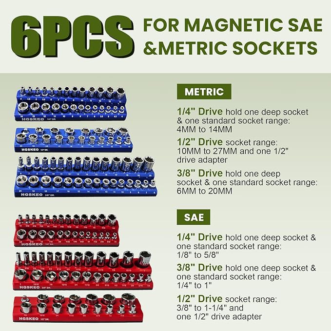 Magnetic Socket Organizer Set & Socket Clip Rail Holder, Totally 12Pcs Socket Tray Set for 1/4", 3/8", and 1/2" Sizes Drive, Premium Qualit Socket Organizer(Red & Blue, 12Pcs)