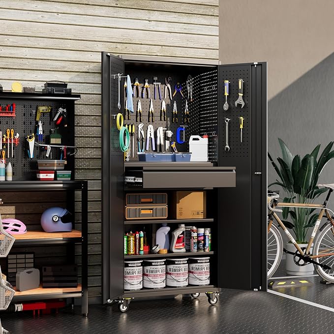 Metal Garage Cabinet with Wheels,71''H Rolling Lockable Steel Tool Cabinet with Pegboard & 1 Drawer for Garage,Home,Office Assembly Required,Black