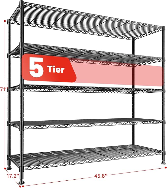 REIBII 45.8“W Storage Shelves Metal Shelving, 5-Tier Wire Shelving, Sturdy Garage Shelving, Adjustable Storage Rack for Pantry Kitchen Dining Room Supermarket Commercial