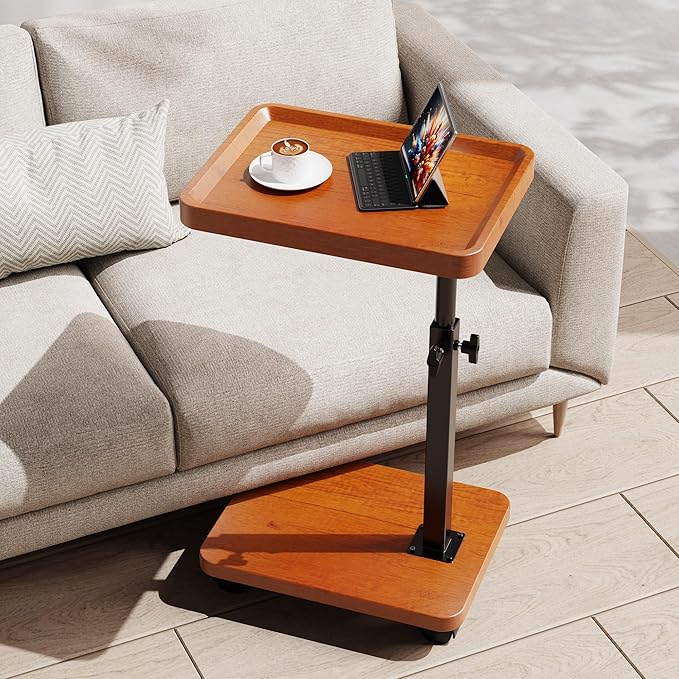 C Table End Table Adjustable Height, 360°Swivel TV Tray Table for Small Spaces, Side Tables with Wheels for Living Room and Bedroom, Bed (Yellow)
