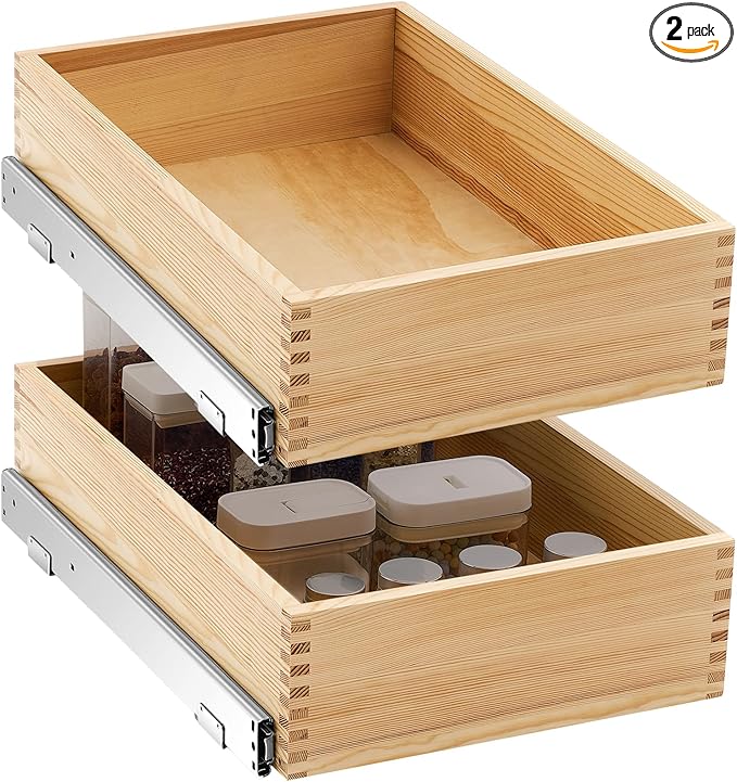 Menkxi 2 Set Pull out Tray Cabinet Organizer Wooden Pull Drawers storage Slide out Pantry Shelf for Base Cabinet Kitchen Gentle Close Fully Assembled Accessories(Wood Color,15'' X 21'' X 5'')