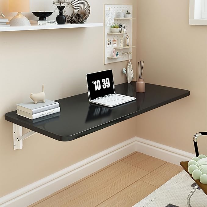 Laundry Folding Table, Wall Mounted Desk, Floating Desk for Wall Small Spaces, Wall Mount Fold Down Table for Home Office Study Work Bench, Kitchen Dining (Black 31.5 * 15.7inch
