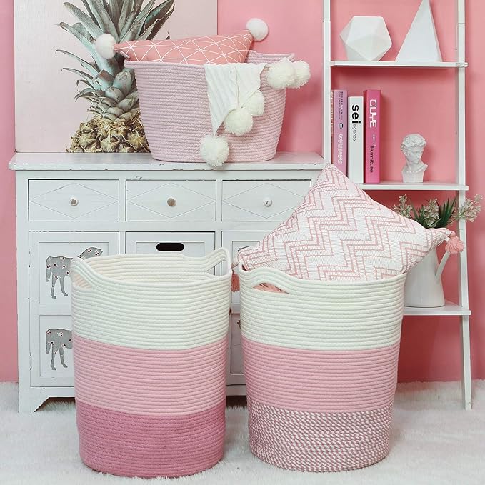 Sea Team Large Size Cotton Rope Woven Storage Basket with Handles, Laundry Hamper, Fabric Bucket, Drum, Clothes Toys Organizer for Kid's Room, 20 x 14 inches, Round Open Design, White & Mottled Pink