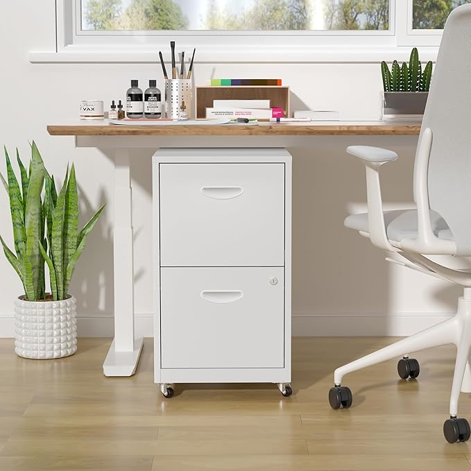 2 Drawer Mobile File Cabinet with Lock, Metal Filing Cabinets with Wheels, White Rolling Storage Cabinet, Under Desk Vertical File Cabinet for Home Office, Lockable Steel Two Drawer for Letter Size