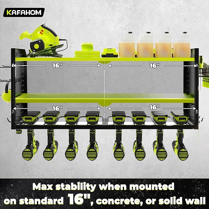 KAFAHOM Power Tool Organizer, Large 8 Drill Holder Wall Mount with 2 Side Pegboards, Heavy Duty Metal Tool Shelf with 12 Hooks, Storage Rack for Garage Organization, Utility Battery Shelves - Green