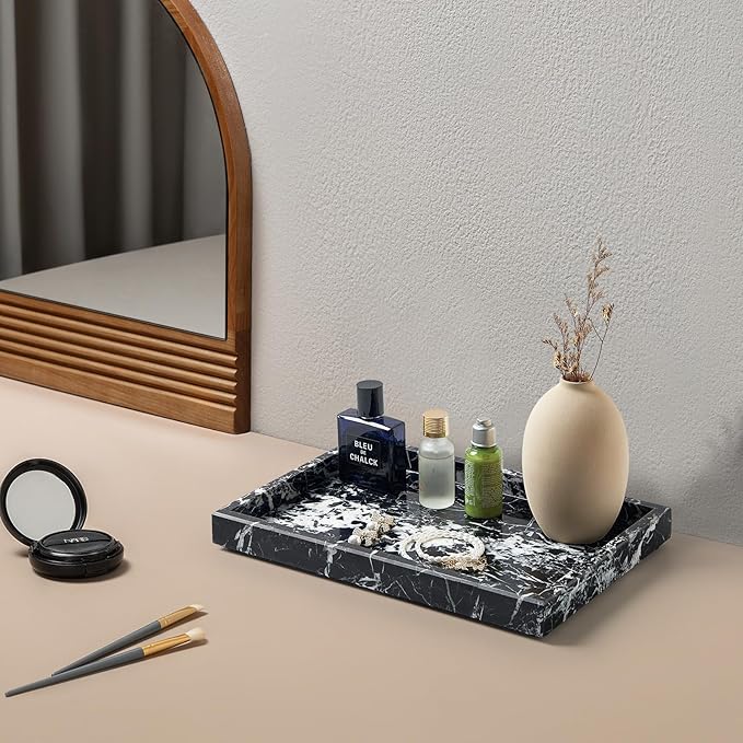 Real Natural Marble Tray for Bathroom, Vanity, Kitchen and Desktop, Rectangle Genuine Marble Stone Tray for Jewelry, Cosmetics, Candles, Lotion, Perfume and Home Decor (Black)