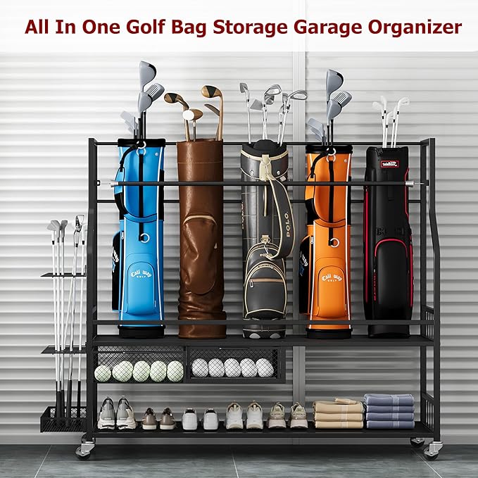 Garvee 4-5 Bags Stand Golf Organizer Rack with Wheels-Large Golf Bag Storage Organizer for Garage,Golfs Club and Home