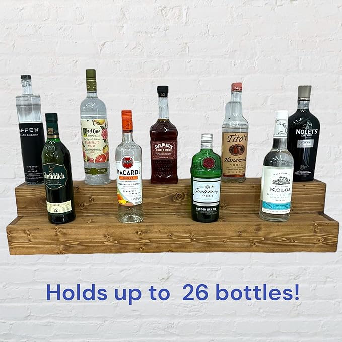 Tiered Bottle Shelf | 2 Tier Liquor Bottle Display | Bar Organization | Display Shelf | Wine Shelf | Bar Display | Kitchen Counter Shelf (24", Early American)