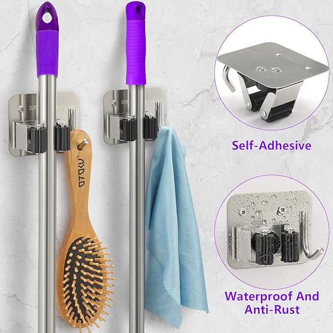 Broom Holder Wall Mount Screw Drilling, Sturdy Heavy Duty Stainless Steel Mop Gripper Rack Perforated, Perfect for Laundry Room Organizer, Fit with Laundry Kitchen Garage Garden Storage System