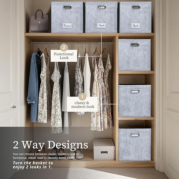 DECOMOMO Felt Storage Bins 13x15x13 Storage Cube Bins with Labels, Baskets for Organizing Shelves (Kallax / 4pcs, Light Grey)