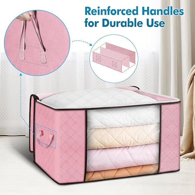 Budding Joy 90L Large Storage Bags, 4 Pack Clothes Storage Bins Foldable Closet Organizer Storage Containers Storage and Organization for Clothes, Blanket, Pillows and Toys (Pink)
