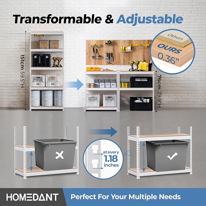 HOMEDANT 5 Tier Laminated White Boltless Metal Shelving Unit Adjustable Garage Storage Utility Rack Heavy Duty Shelves Organization Multipurpose Shelf Warehouse Pantry 28" W x 12.3" D x 59.5" H 3Pack
