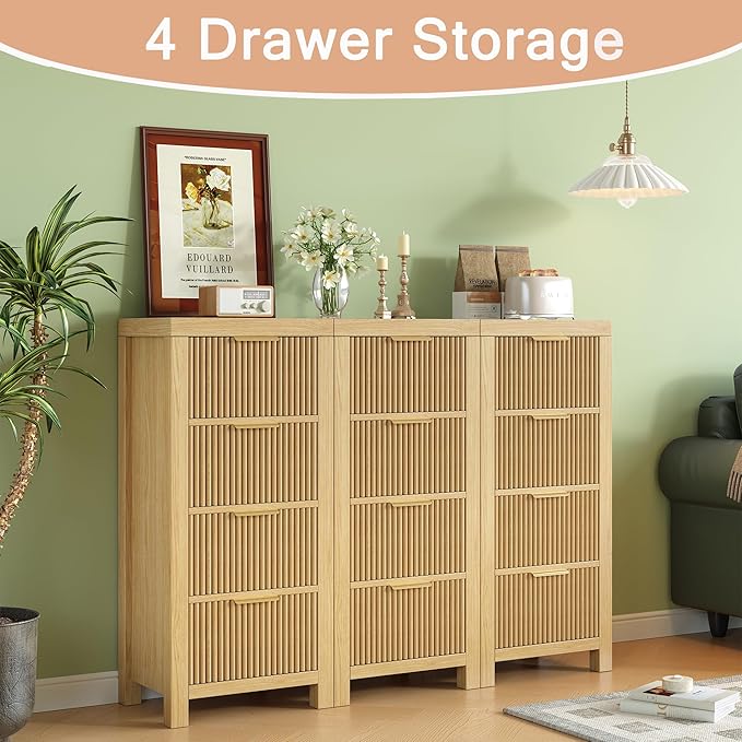 Mid-Century Modern Tall Wooden Dresser with 12 Spacious Drawers, Entryway Storage Chest with Smooth Metal Handles, Bedroom Clothes Organizer for Entryway, Office, and Small Spaces, Natural X3