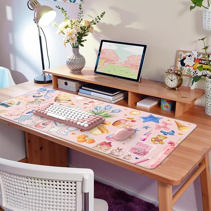 iCasso Desk Cover Mat, Extra Large Mouse Pad, Desk Pad Mat,Office Matt for Desktop Protector, Anti-Slip XXL Big Mousepad with Stitched Edges for Laptop Computer Keyboard (Pink)