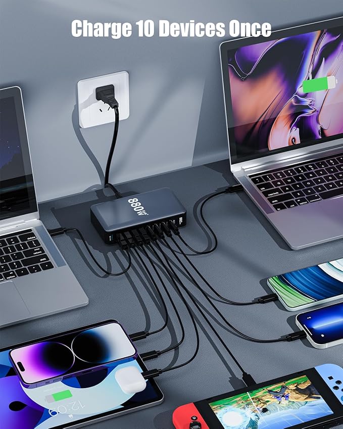 880W USB C Charger Block,8-Port USB C Charging Station GaN IV Travel Essentials Multiple Port Charging Station,100W Laptop Fast Charger Adapter for MacBook Pro/Air,DELL,iPad,iPhone,Samsung Galaxy