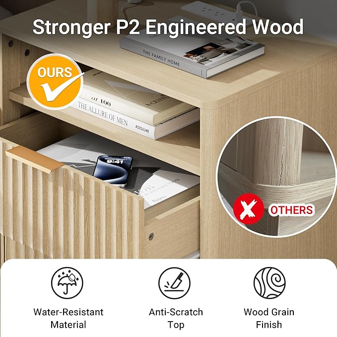 Fluted Nightstand with Charging Station, 18" Mid-Century Modern Night Stand, 2 Drawers End Table with Storage, Bedside Table for Bedroom Sofa Home Office, Curved Profile (Natural Oak)