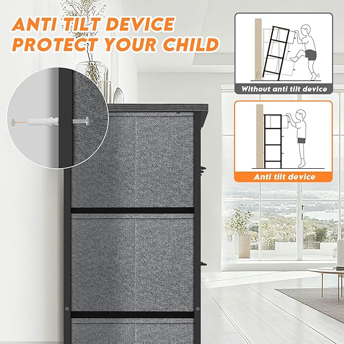 Curved Profile Dresser for Bedroom, Chest of Drawers, 9 Storage Drawers Organizer Unit, Black Dresser with Fabric Bins for Closet, Living Room, Kid Room (Grey and Charcoal Black)