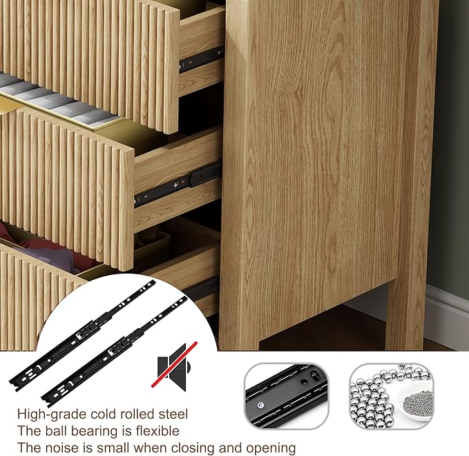 3 Drawer Dresser, Mid Century Modern Chest of Drawers with Waveform Panel, Large Fluted Dresser with Wide Drawers Wood Storage for Bedroom, Hallway, Entryway, Nature
