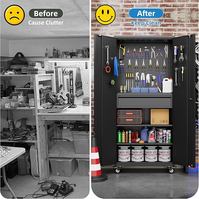 Metal Garage Cabinet with Wheels,71''H Rolling Lockable Steel Tool Cabinet with Pegboard & 1 Drawer for Garage,Home,Office Assembly Required,Black