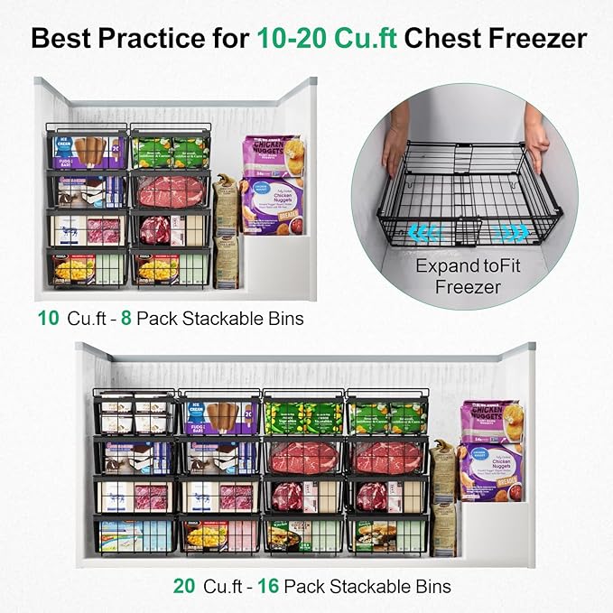 iSPECLE Freezer Organizer Bins - Fit 10 to 20 Cu.FT Deep Freezer, 8 Pack Large Expandable Stackable Chest Freezer Organizer Sort Frozen Food Easy to Get Food from Bottom without Digging, Black